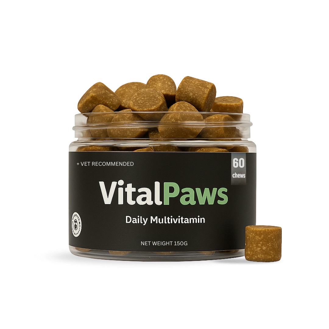 VitalPaws Daily Multivitamin Chews jar, 60 chews, next to a single soft chew